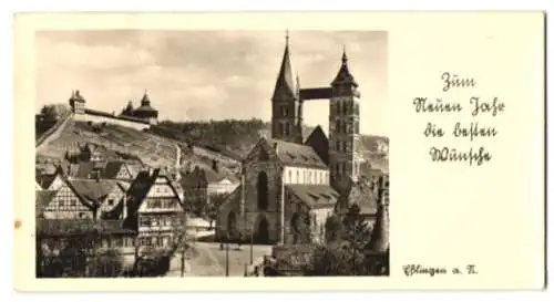 Mini-AK Esslingen a. N., Ortsansicht mit der Kirche, Neujahrskarte