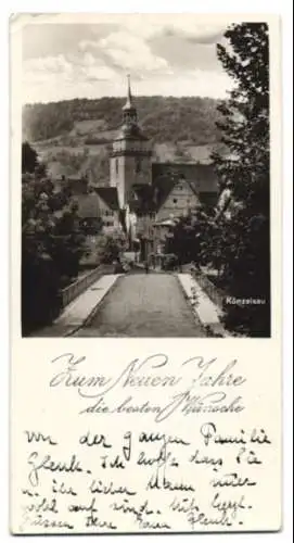 Mini-AK Künzelsau, Brücke und Kirche, Neujahrskarte
