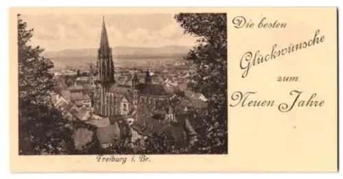 Mini-AK Freiburg i. Br., Blick auf das Münster, Neujahrskarte