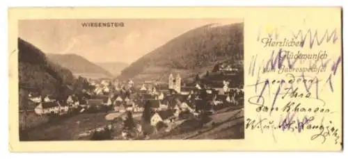 Mini-AK Wiesensteig, Gesamtansicht im Tal, Neujahrskarte