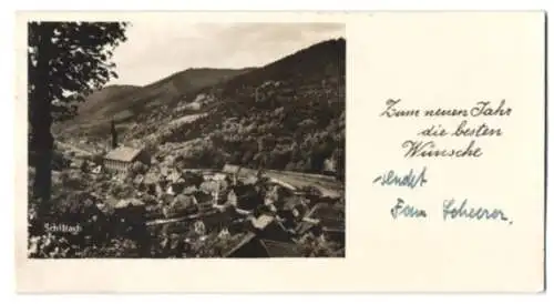 Mini-AK Schiltach, Ortsansicht vom Berg aus, Neujahrskarte