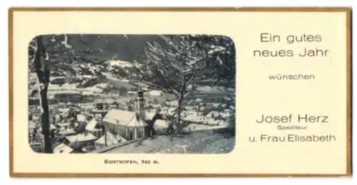 Mini-AK Sonthofen, Ortsansicht mit der Kirche vom Berg aus, Neujahrskarte