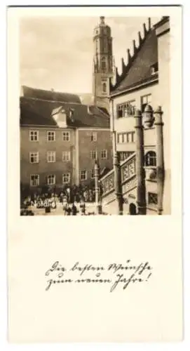Mini-AK Nördlingen, Belebte Partie auf dem Rathausplatz, Neujahrskarte