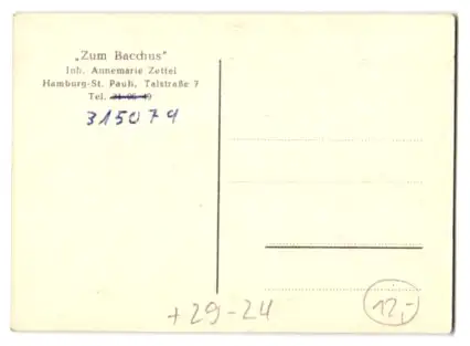 Mini-AK Hamburg-St. Pauli, Gasthaus Zum Bacchus, Innenansichten, Talstrasse 7, Inh. Annemarie Zettel