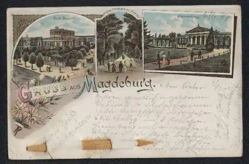 Lithographie Magdeburg, Stadt-Theater, Herrengrug. Hauptgang mit Victoria, Herrenkrug, eingesteckter Holzsplitter