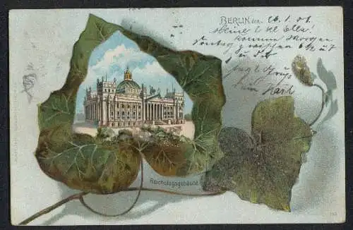 Passepartout-Lithographie Berlin-Tiergarten, Das Reichstagsgebäude, im Eichenblatt mit Glitzer-Perlen