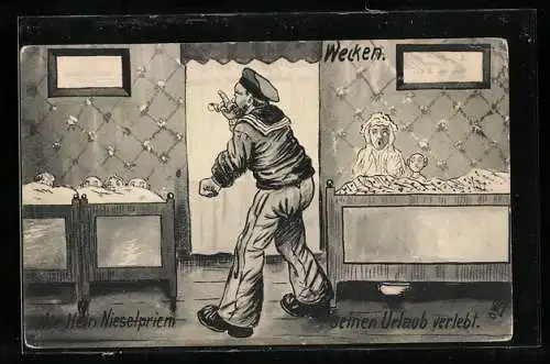 Künstler-AK sign. O. Wietz: Wie der Matrose Hein Nieselpriem seinen Urlaub verlebt, Wecken