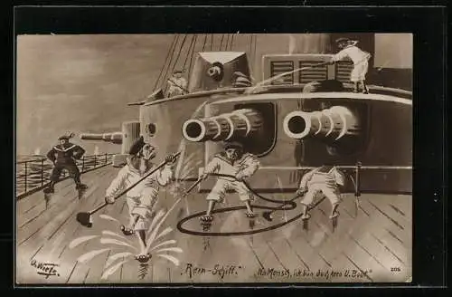 Künstler-AK sign. O. Wietz: Rein-Schiff, Matrosen spielen beim Putzen des Schiffsdeck mit einem Wasserschlauch