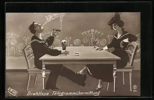 Künstler-AK sign. O. Wietz: Matrose bei drahtloser Telegrammübermittlung an hübsche Dame