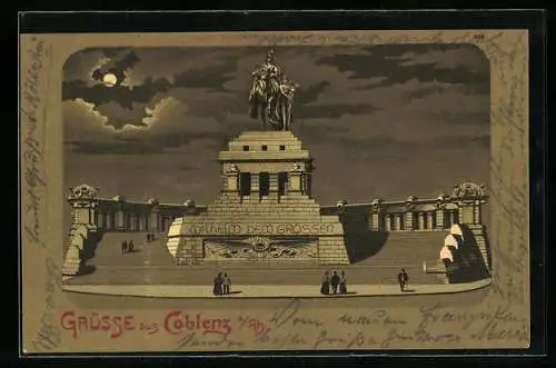 Lithographie Koblenz a. Rh., Denkmal Kaiser Wilhelms I. am Deutschen Eck