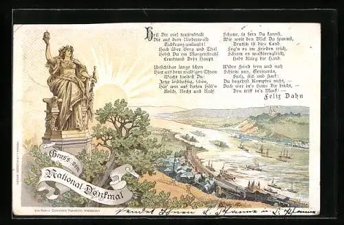 Lithographie Bingen / Rhein, Nationaldenkmal mit Rheinblick, Gedicht von Felix Dahn