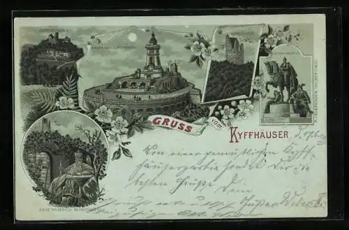 Mondschein-Lithographie Kyffhäuser, Kaiser Wilhelm-Denkmal, Reiterstandbild