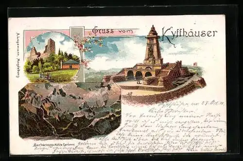 Lithographie Kyffhäuser, Barbarossa-Höhle und Denkmal