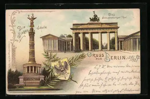 Lithographie Berlin, Das Brandenburger Tor und die Siegessäule