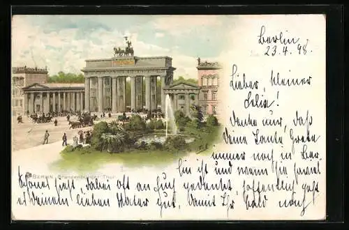 Lithographie Berlin, Brandenburger Tor mit Wasserspiel, Perl