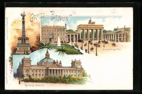 Lithographie Berlin-Tiergarten, Brandenburger Thor, Reichstags-Gebäude