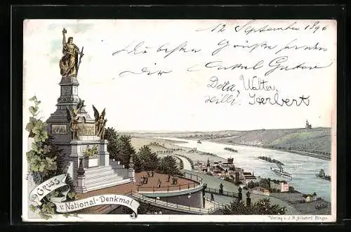 Lithographie Gruss vom National-Denkmal a. d. Niederwald