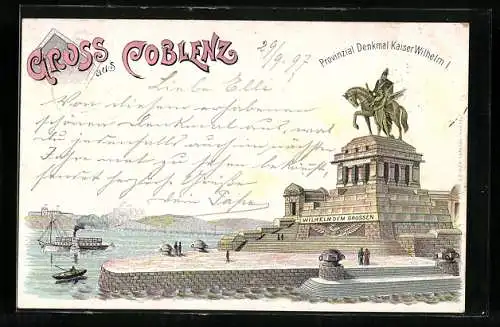 Lithographie Coblenz, Provinzial Denkmal Kaiser Wilhelm I.