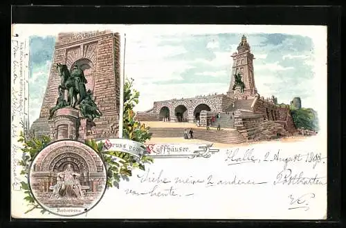 Lithographie Kyffhäuser, Barbarossa-Denkmal, Kaiser-Statue