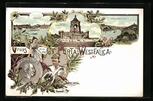 Lithographie Porta Westfalica, Denkmal Kaiser Wilhelm I., Ortsansicht