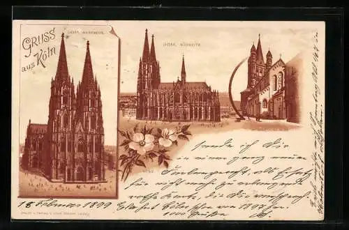 Lithographie Köln, Westseite u. Südseite des Kölner Doms, St. Martinskirche
