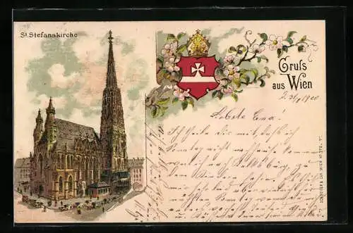 Lithographie Wien, St. Stefanskirche mit Wappen