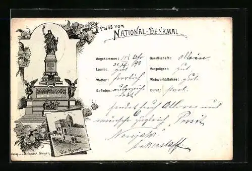 Lithographie Rüdesheim am Rhein, National-Denkmal, die Rossel