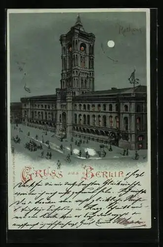 Mondschein-Lithographie Berlin, Rotes Rathaus bei Nacht