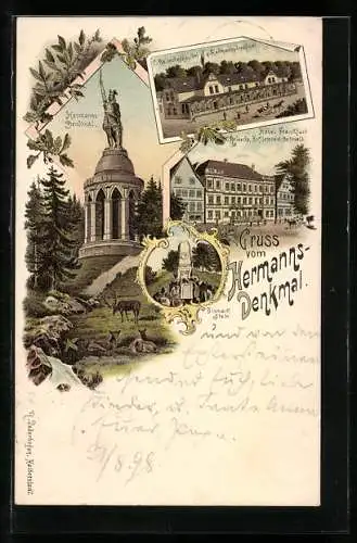 Lithographie Detmold, C. Reineckes Gasthof, Hotel Frankfurt, Hermanns-Denkmal und Bismarck-Stein