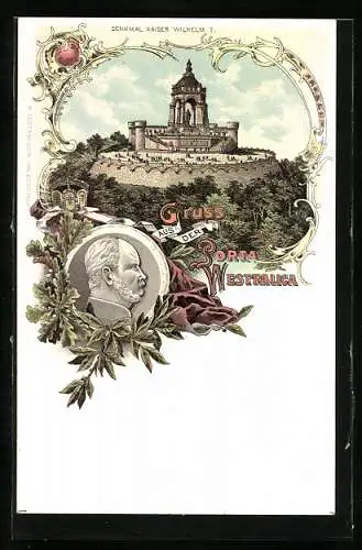 Lithographie Porta Westfalica, Denkmal Kaiser Wilhelm I.
