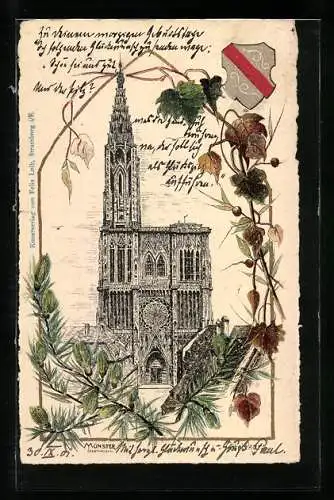 Lithographie Strassburg i. E., Münster und Wappen