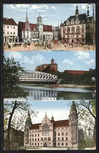 AK Halle a. S., Marktplatz mit altem und neuem Rathaus, Burgruine Giebichenstein, Zivilgericht
