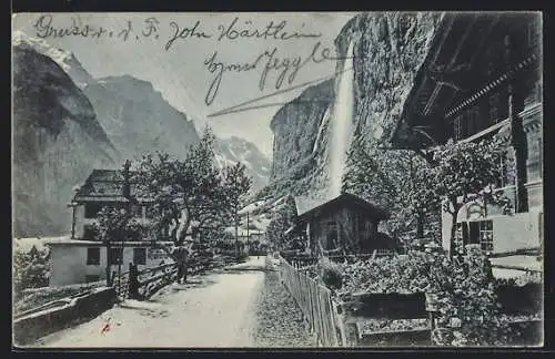 AK Lauterbrunnen, Ortsansicht mit Staubbach