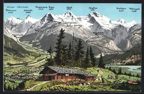 AK Interlaken, Ortsansicht mit Bergspitzen des Berner Oberlandes