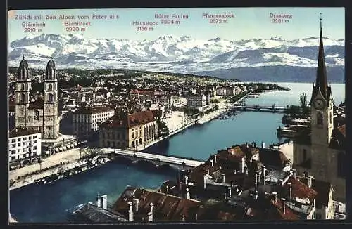 AK Zürich, Stadtansicht mit den Alpen vom Peter aus