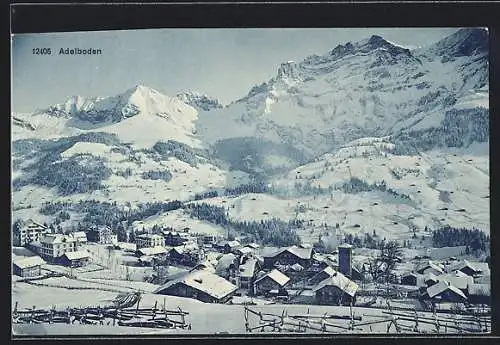 AK Adelboden, Verschneite Ortsansicht mit Bergpanorama