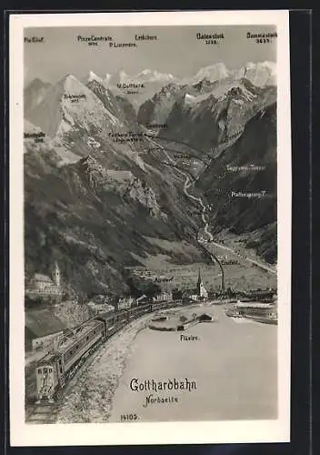 AK Gotthardbahn mit der Strecke auf der Nordseite des Gotthard