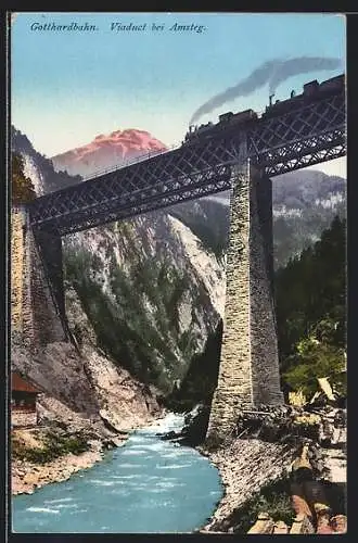 AK Amsteg /Gotthardbahn, Viadukt mit Eisenbahn u. Blick auf die Windgälle