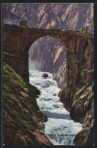AK Teufelsbrücke, Ansicht mit Wasserfall