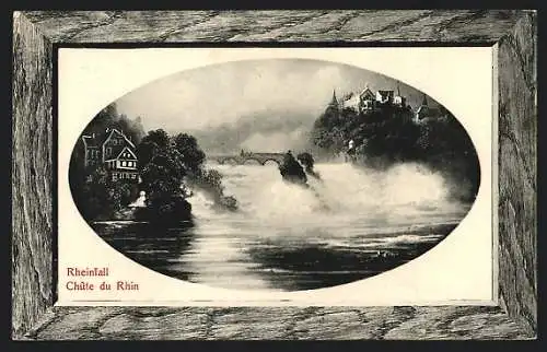 Präge-AK Rheinfall, Ortspartie mit Wasserfall, Passepartout