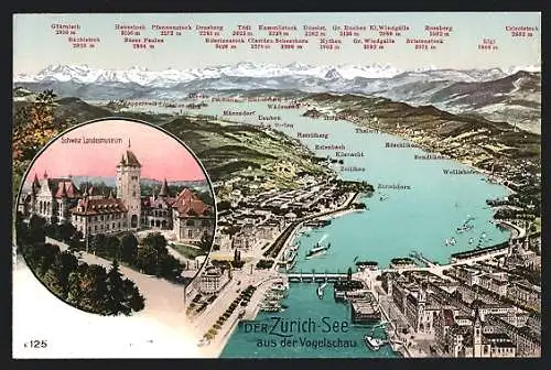 AK Zürich, Der Zürichsee aus der Vogelschau mit Schweizer Landesmuseum