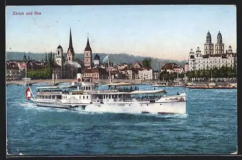 AK Zürich, Binnenschiff Stadt Zürich passiert den Ort