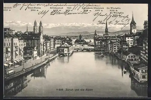 AK Zürich, Uferpartie und die Alpen mit Tödi, Düssistock und Glärnisch