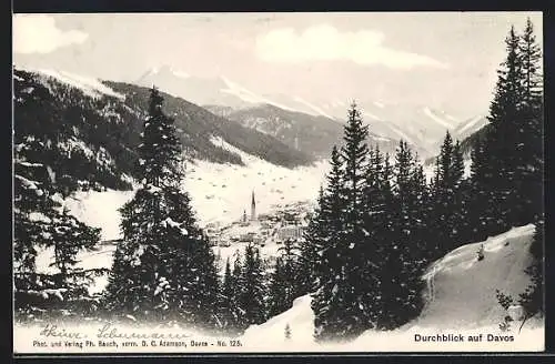 AK Davos, Durchblick auf den Ort im Schnee