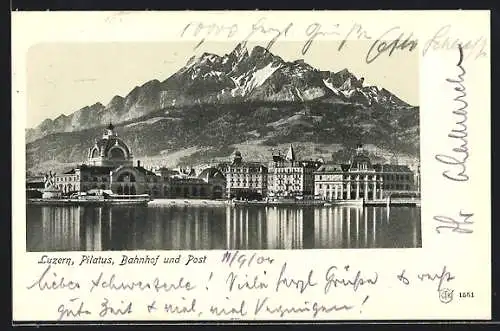 AK Luzern, Bahnhof und Post mit Pilatus
