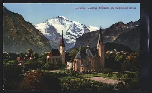 AK Interlaken, Englische und Katholische Kirche mit Jungfrau