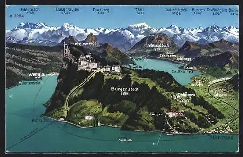 AK Vitznau, Panorama mit Bürgenstock und Beckenried, Bergpanorama mit Tödi, Ruchen und Scheerhorn