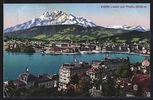 AK Luzern, Panorama mit Hotel und Pilatus