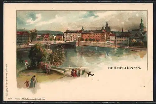 Lithographie Heilbronn a. N., Teilansicht mit Brücke über den Neckar