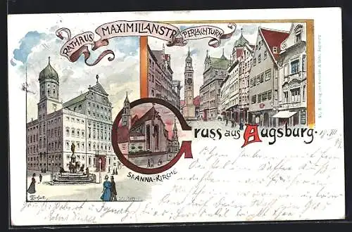 Lithographie Augsburg, Perlachturm, Rathaus u. St. Anna-Kirche